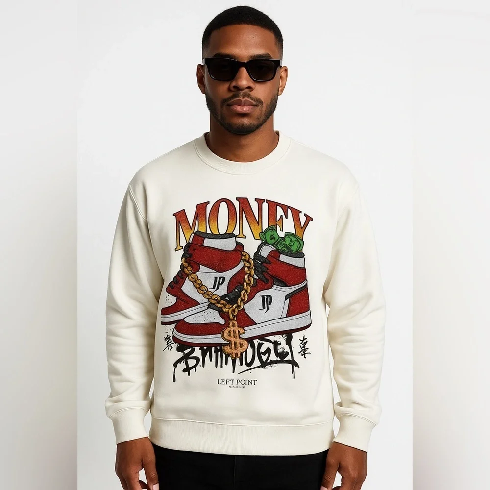 Left Point Sweatshirt Money Sneakers Graffiti Rhinestones Y2K 90s Streetwear 3XL